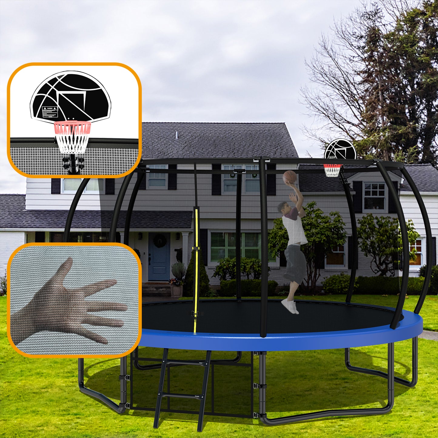 ZC FLYYD 12FT green backyard kids trampoline with safety enclosure net and basketball hoop