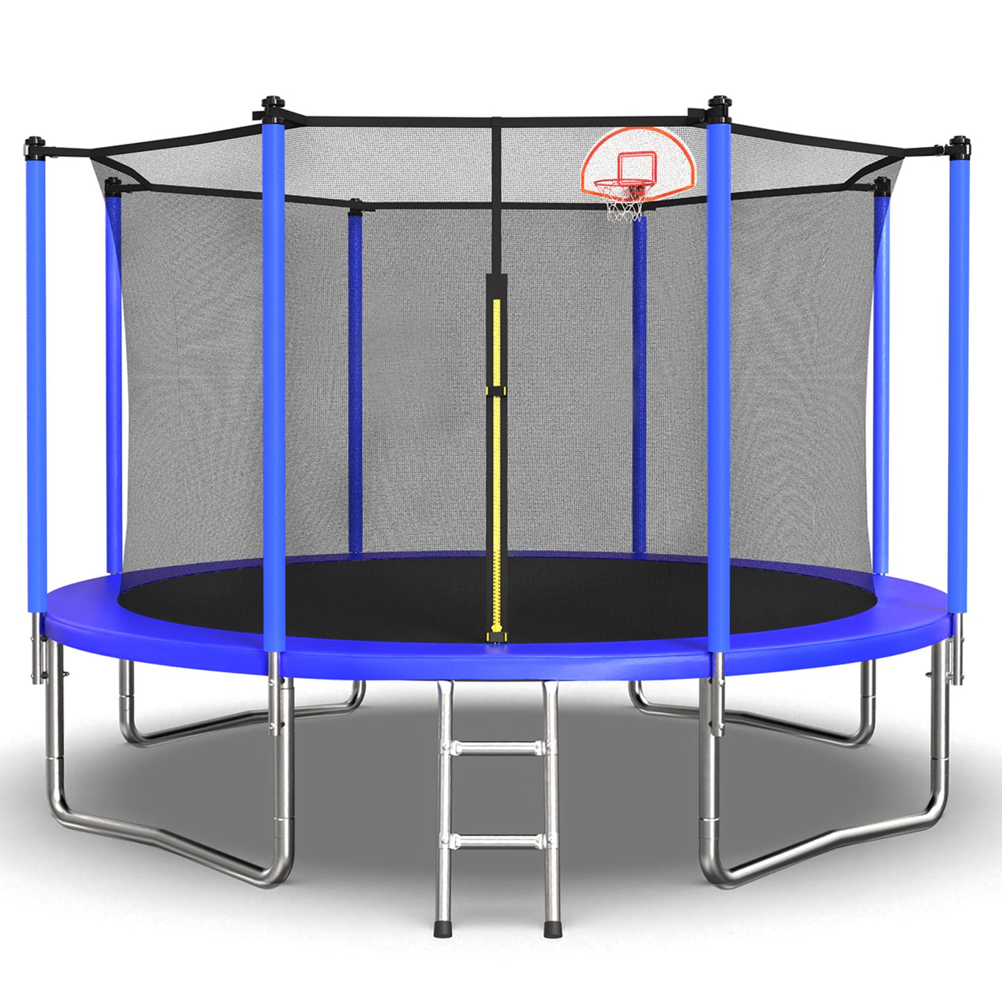 ZC FLYYD 12ft blue recreational trampoline with basketball hoop and safety enclosure for backyard