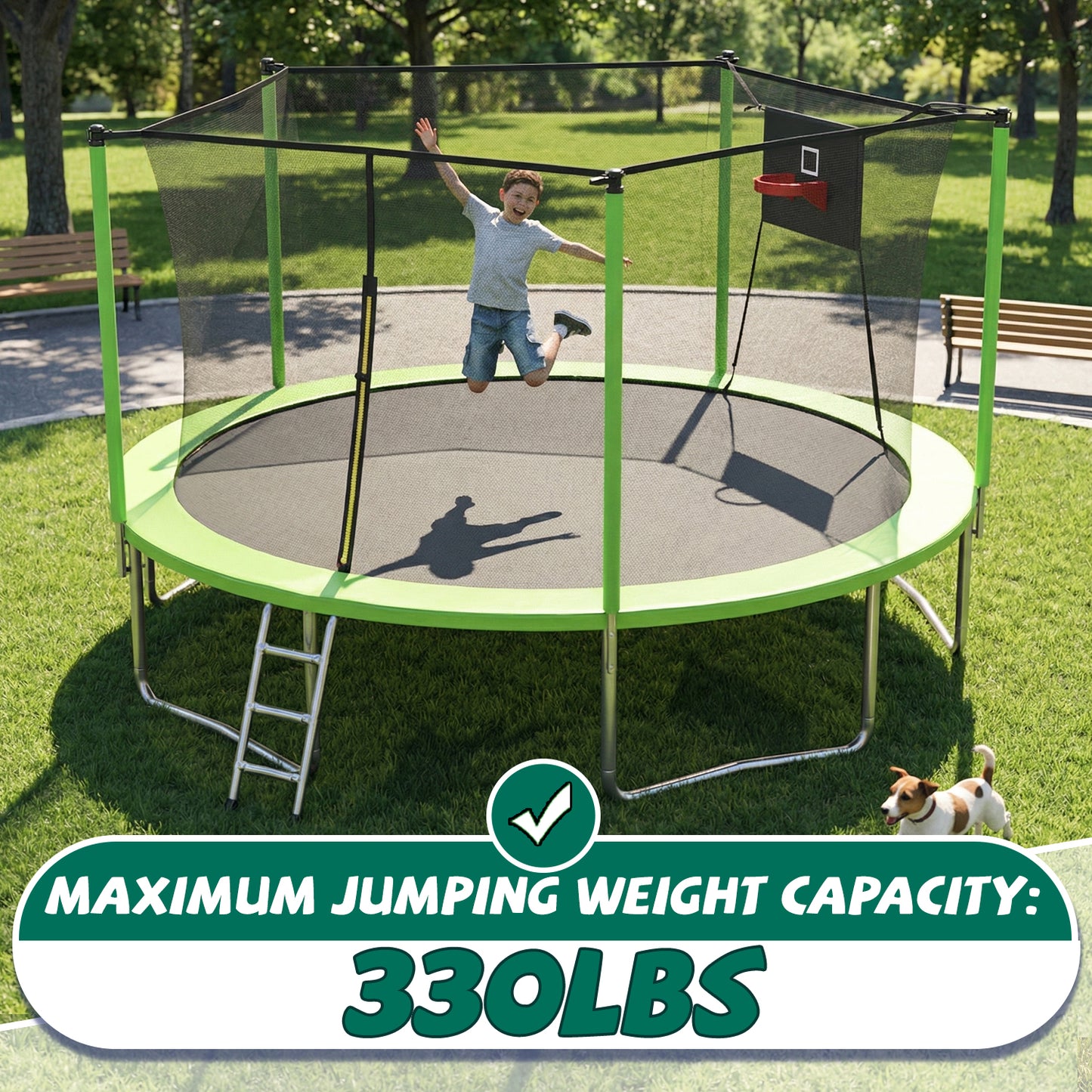 ZC FLYYD 14ft outdoor sports fitness trampoline with green safety enclosure net and ladder