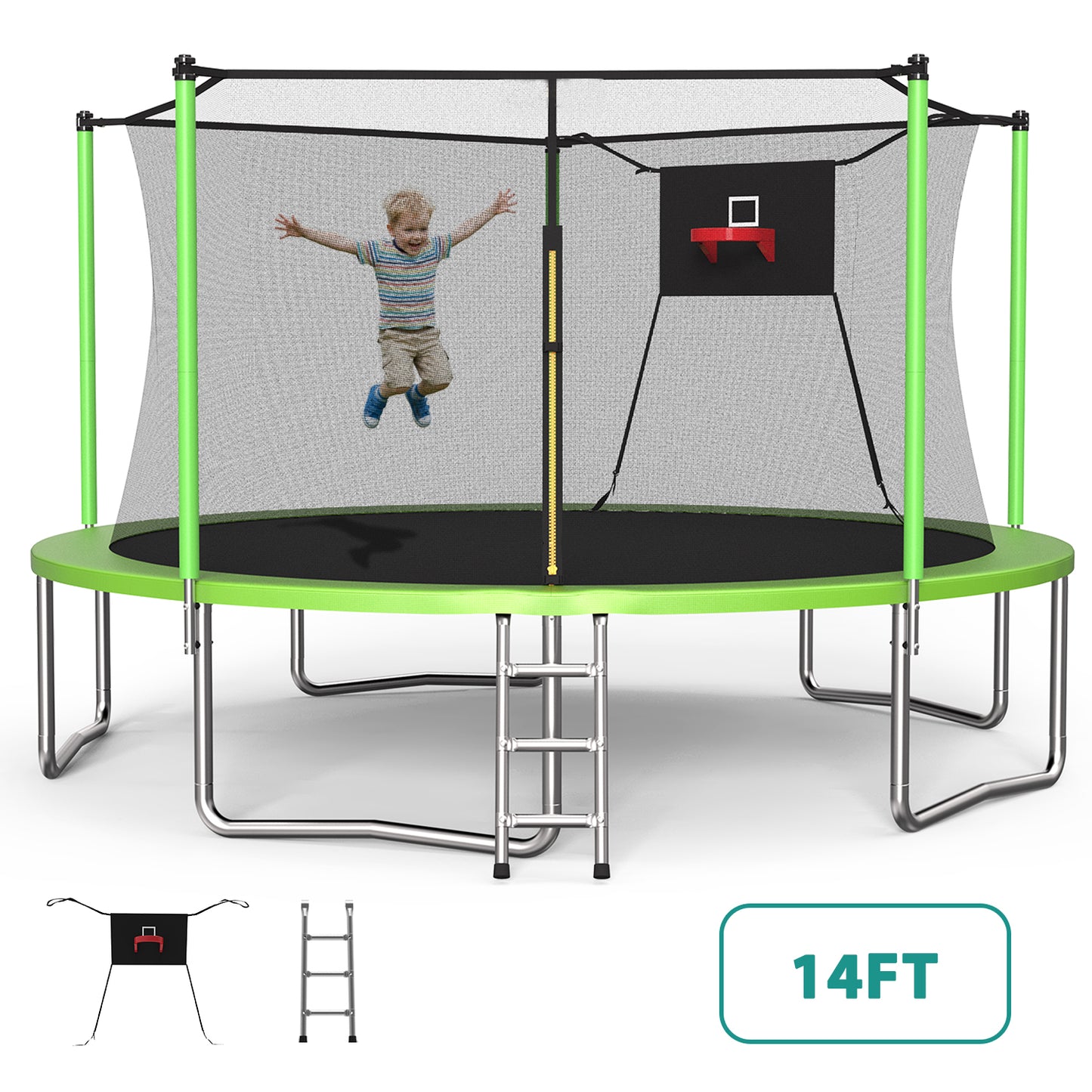 ZC FLYYD 14ft outdoor sports fitness trampoline with green safety enclosure net and ladder