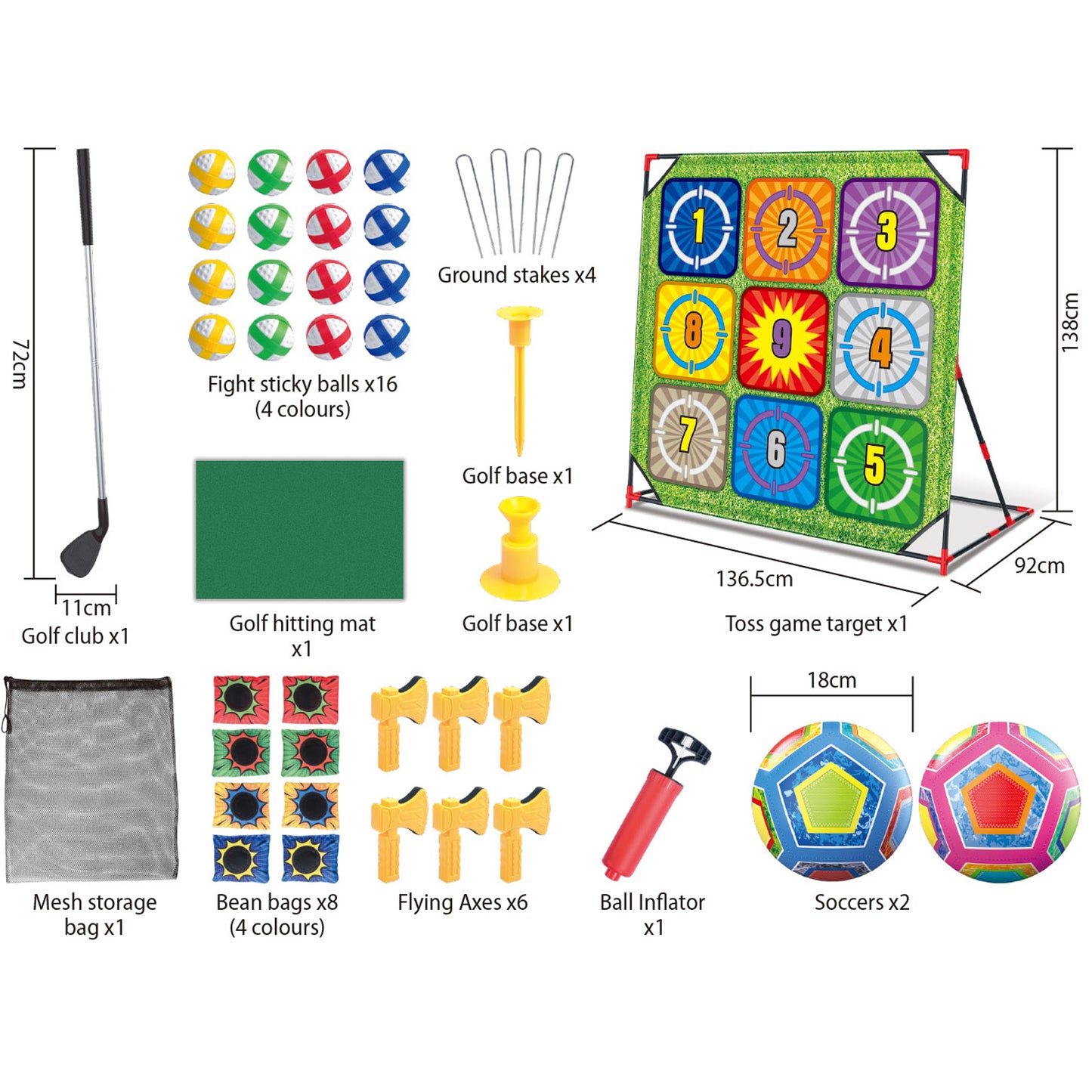 5 in 1 Soccer Games Set Carnival Games Battle Golf & Bean Bag Toss and Axe Throwing Target Outdoor Games for Party,Camping Gear