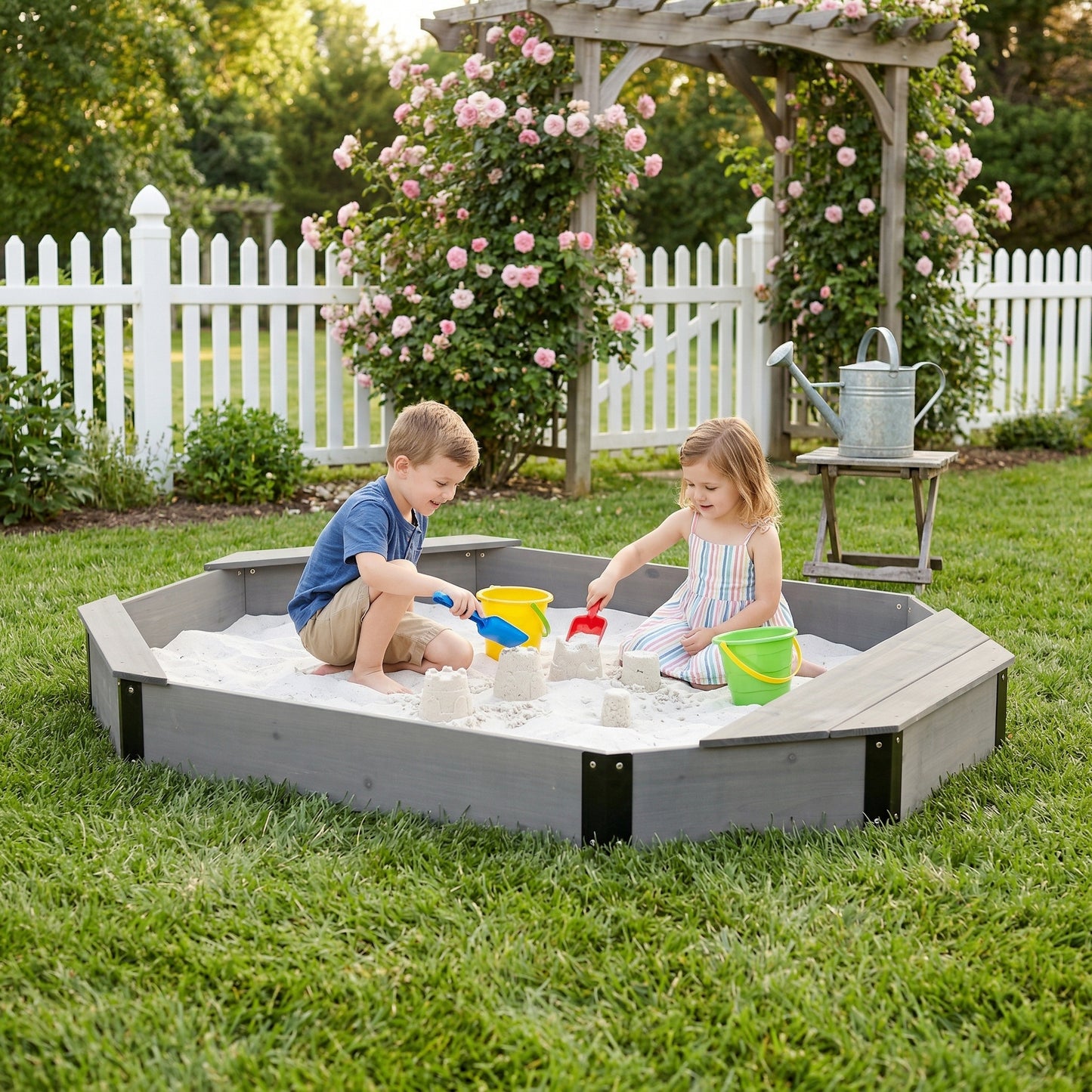 ZC FLYYD Solid Wood Octagon Sandbox with Built-In Storage & Seating
