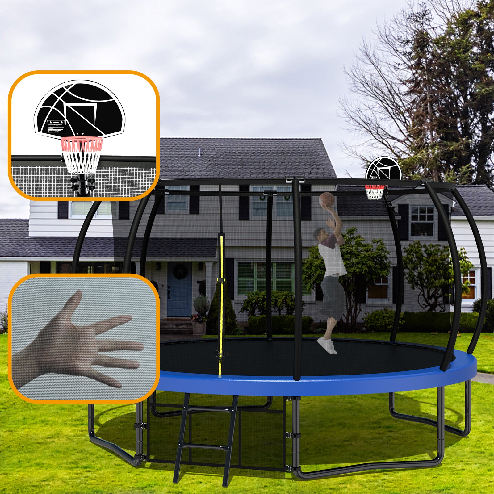 ZC FLYYD 12FT green backyard kids trampoline with safety enclosure net and basketball hoop