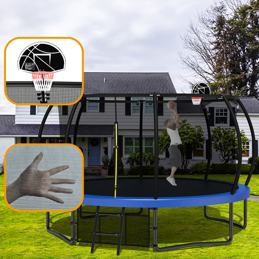 ZC FLYYD 12FT green backyard kids trampoline with safety enclosure net and basketball hoop