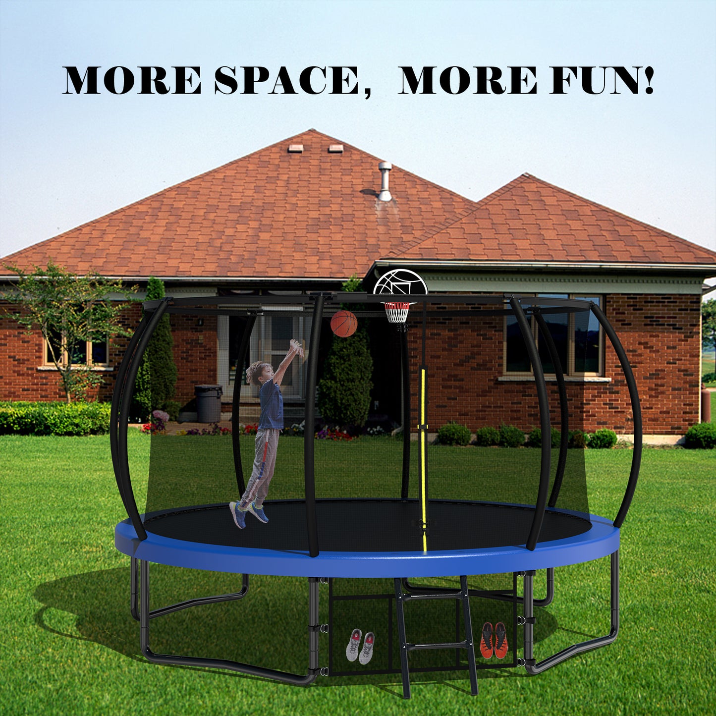 ZC FLYYD 12FT green backyard kids trampoline with safety enclosure net and basketball hoop