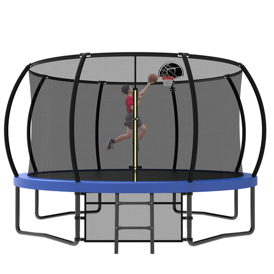 ZC FLYYD 12FT green backyard kids trampoline with safety enclosure net and basketball hoop