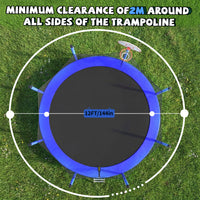 ZC FLYYD 12ft blue recreational trampoline with basketball hoop and safety enclosure for backyard