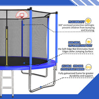 ZC FLYYD 12ft blue recreational trampoline with basketball hoop and safety enclosure for backyard