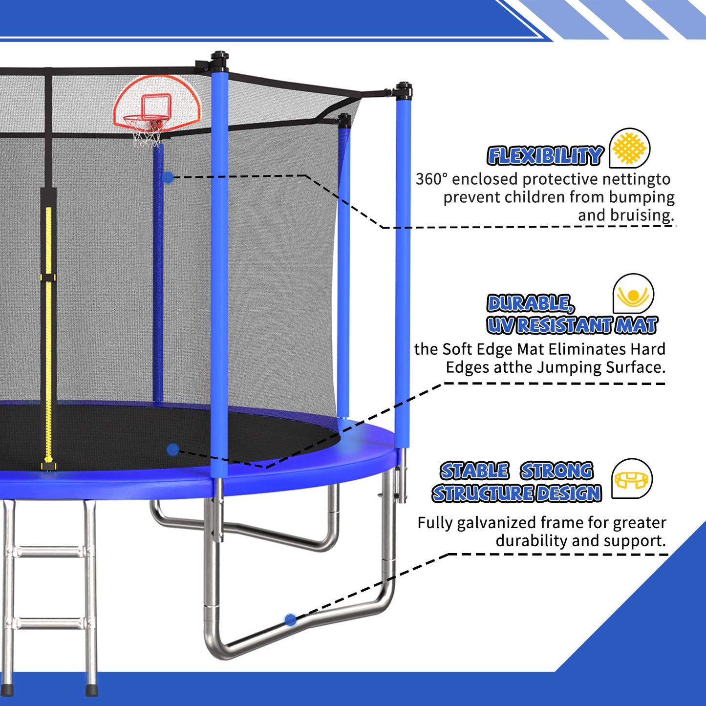 ZC FLYYD 12ft blue recreational trampoline with basketball hoop and safety enclosure for backyard
