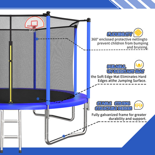 ZC FLYYD 12ft blue recreational trampoline with basketball hoop and safety enclosure for backyard