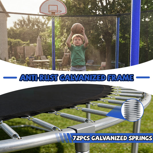 ZC FLYYD 12ft blue recreational trampoline with basketball hoop and safety enclosure for backyard