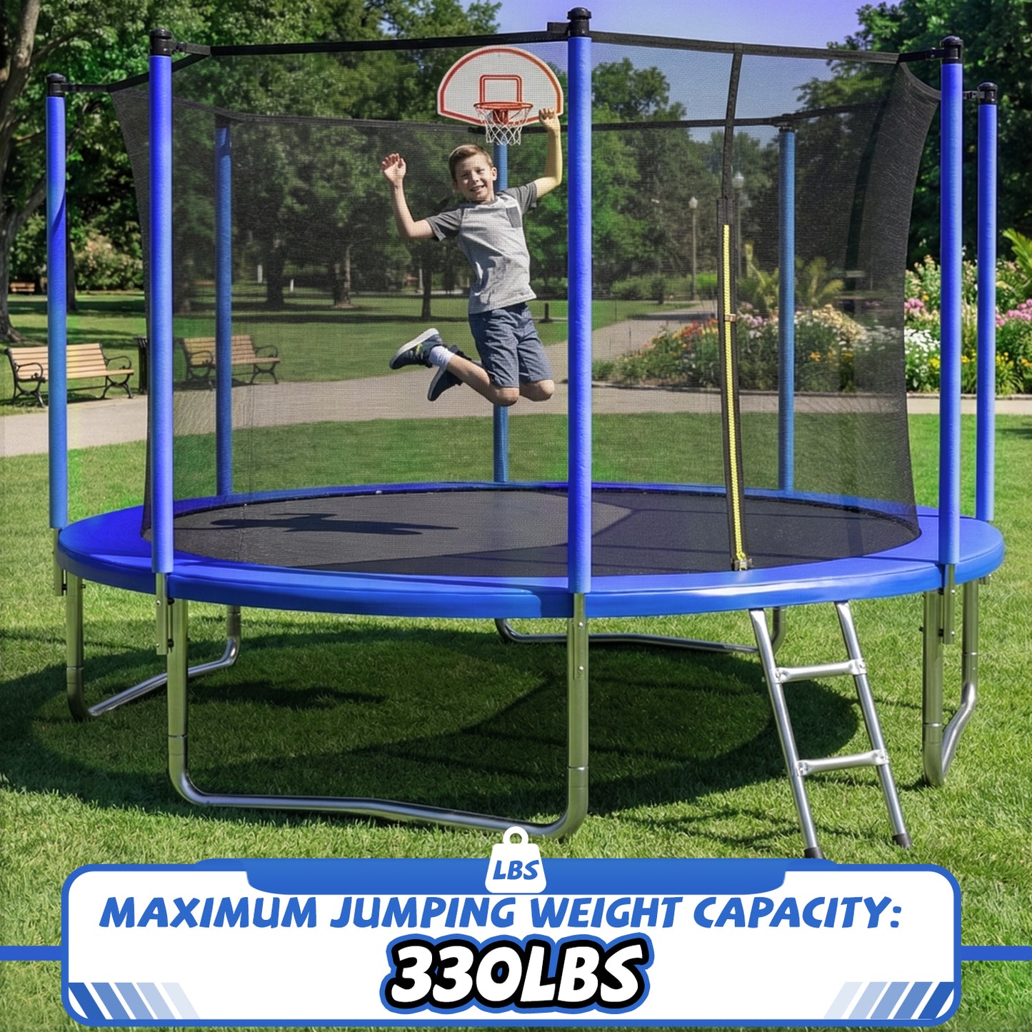 ZC FLYYD 12ft blue recreational trampoline with basketball hoop and safety enclosure for backyard