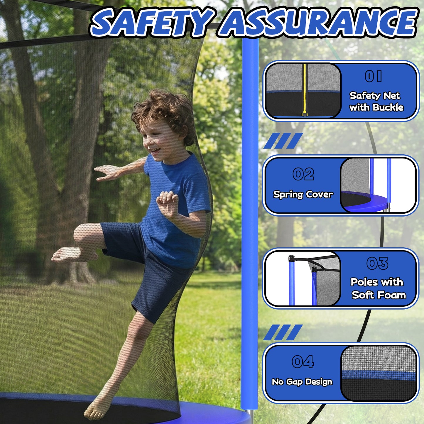 ZC FLYYD 12ft blue recreational trampoline with basketball hoop and safety enclosure for backyard