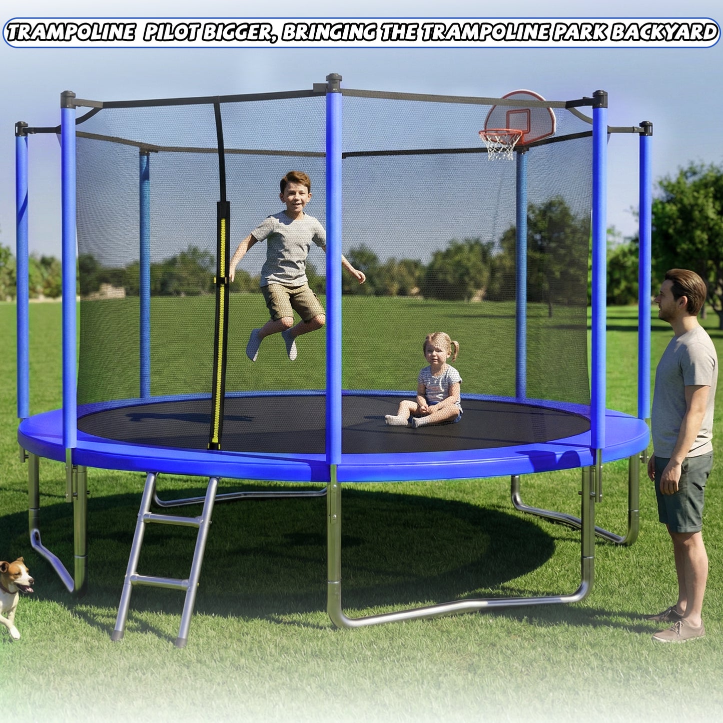 ZC FLYYD 12ft blue recreational trampoline with basketball hoop and safety enclosure for backyard