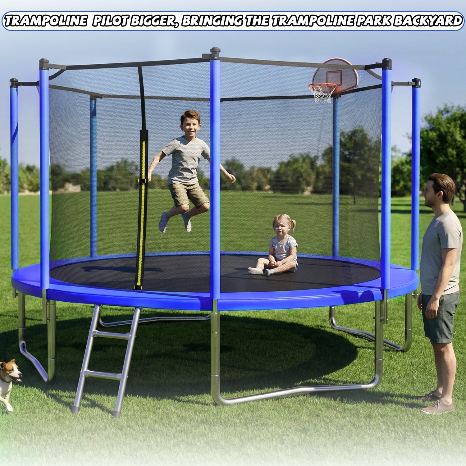 ZC FLYYD 12ft blue recreational trampoline with basketball hoop and safety enclosure for backyard
