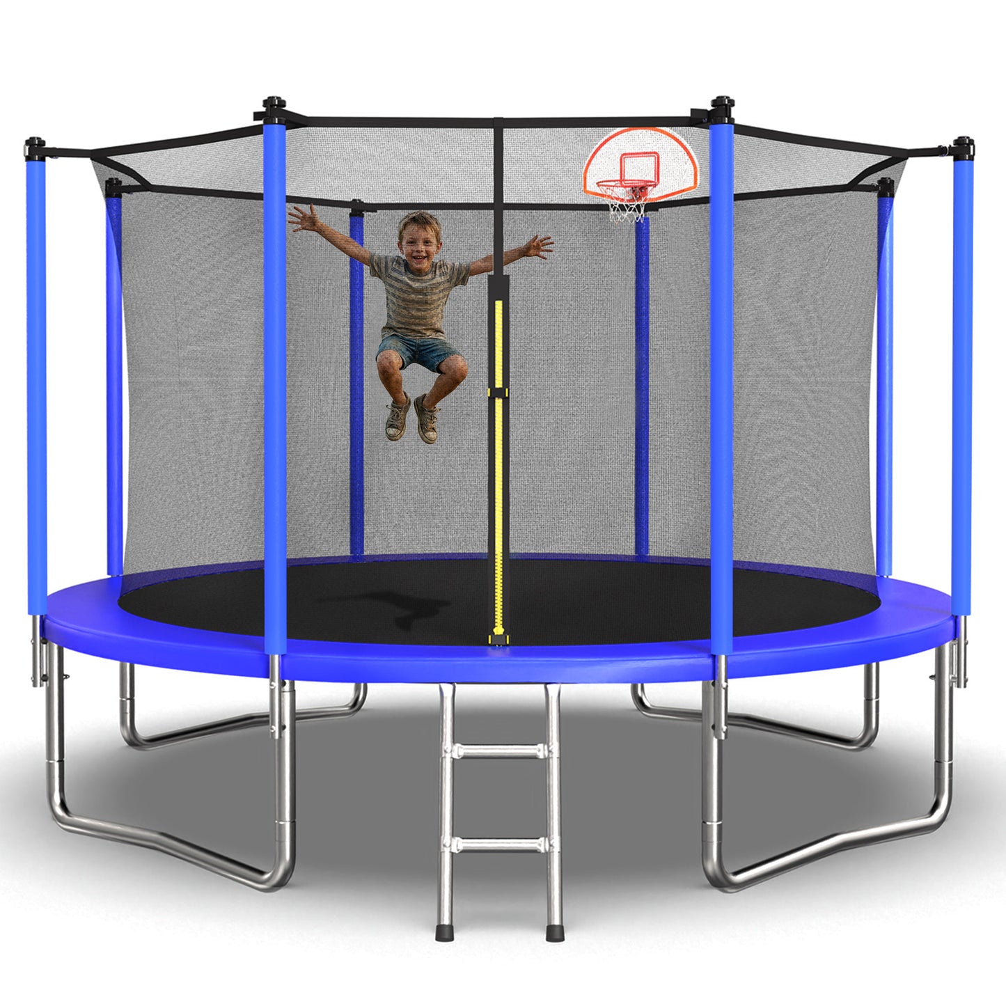ZC FLYYD 12ft blue recreational trampoline with basketball hoop and safety enclosure for backyard