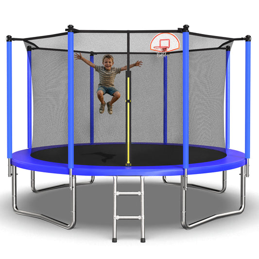 ZC FLYYD 12ft blue recreational trampoline with basketball hoop and safety enclosure for backyard