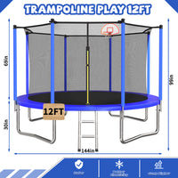 ZC FLYYD 12ft blue recreational trampoline with basketball hoop and safety enclosure for backyard