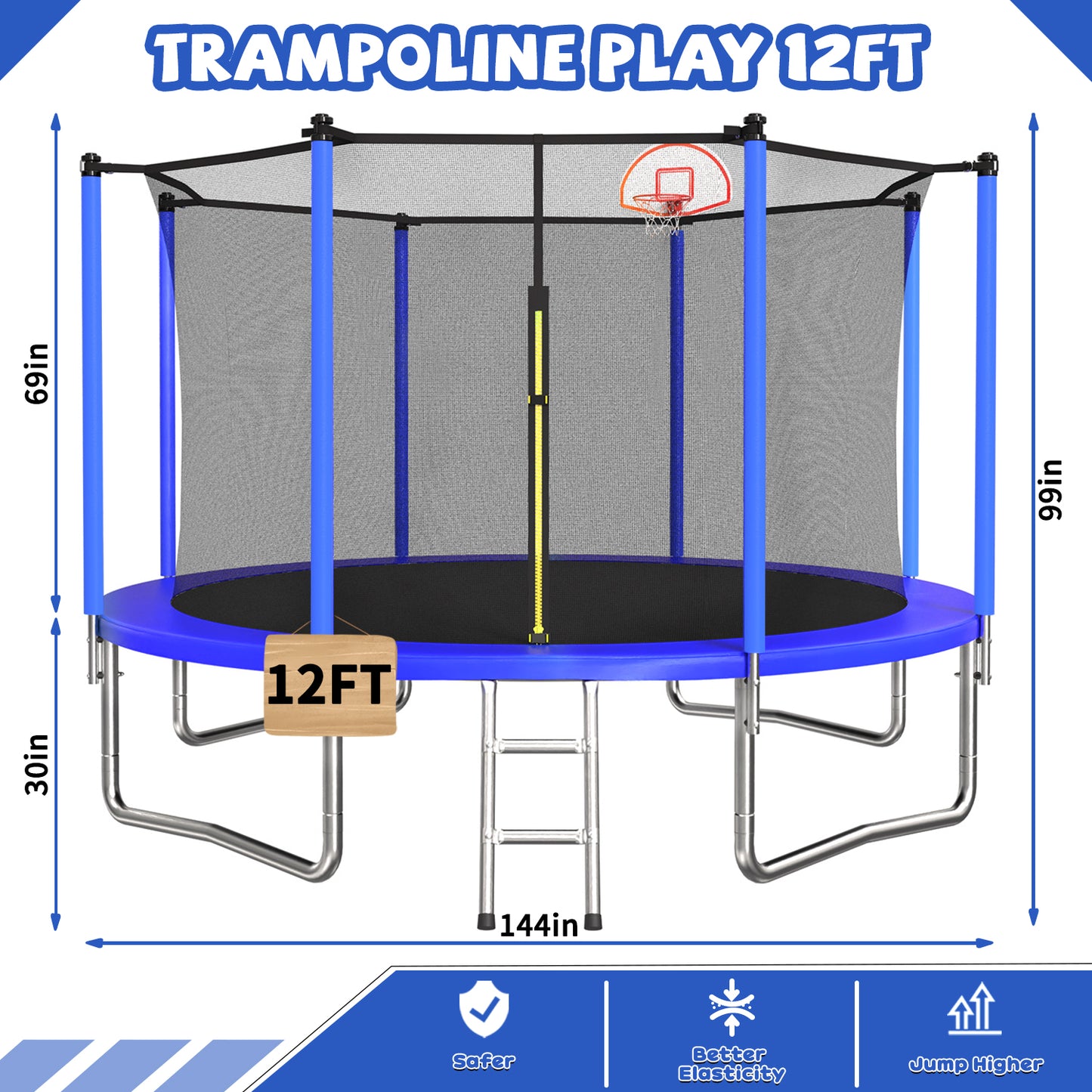 ZC FLYYD 12ft blue recreational trampoline with basketball hoop and safety enclosure for backyard