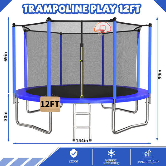 ZC FLYYD 12ft blue recreational trampoline with basketball hoop and safety enclosure for backyard