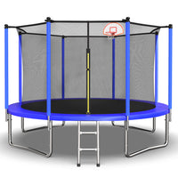 ZC FLYYD 12ft blue recreational trampoline with basketball hoop and safety enclosure for backyard