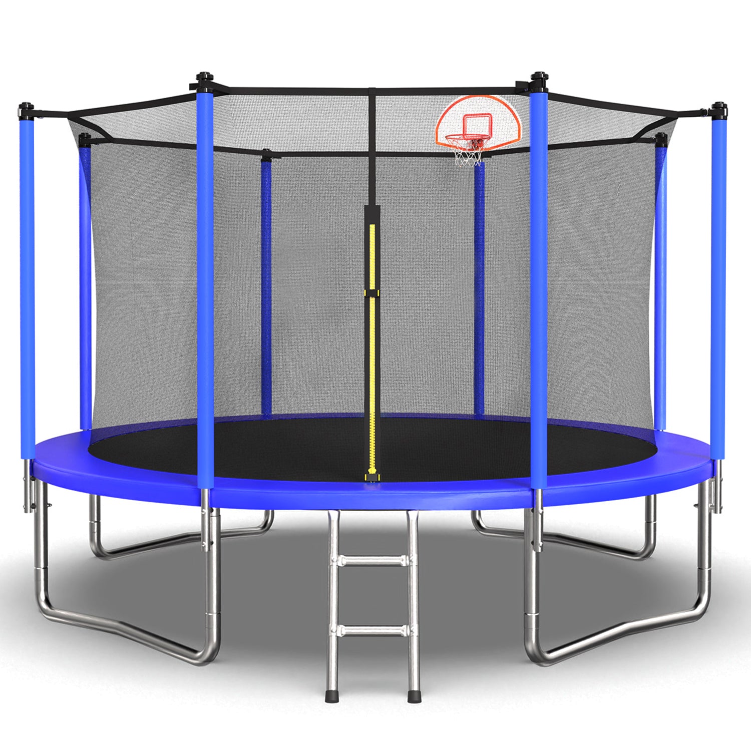 ZC FLYYD 12ft blue recreational trampoline with basketball hoop and safety enclosure for backyard