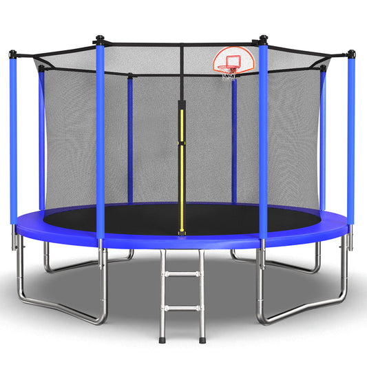 ZC FLYYD 12ft blue recreational trampoline with basketball hoop and safety enclosure for backyard
