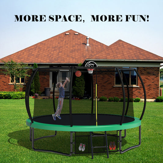 ZC FLYYD 12FT green backyard kids trampoline with safety enclosure net and basketball hoop