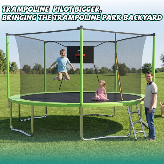 ZC FLYYD 14ft outdoor sports fitness trampoline with green safety enclosure net and ladder
