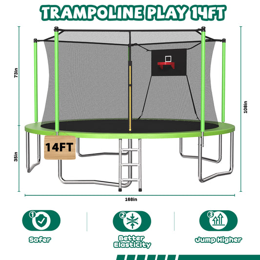 ZC FLYYD 14ft outdoor sports fitness trampoline with green safety enclosure net and ladder