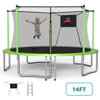 ZC FLYYD 14ft outdoor sports fitness trampoline with green safety enclosure net and ladder