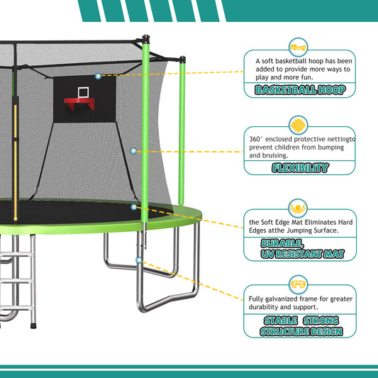 ZC FLYYD 14ft outdoor sports fitness trampoline with green safety enclosure net and ladder