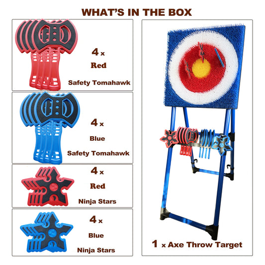 Axe Throwing Target Game Set - 16pcs Outdoor Backyard Throwing Sport with 8 Axes & 8 Meteor Darts, Durable PP+TPE Safety Stand - Family Party, Camping, Team Buiding Game for Adults & Teens