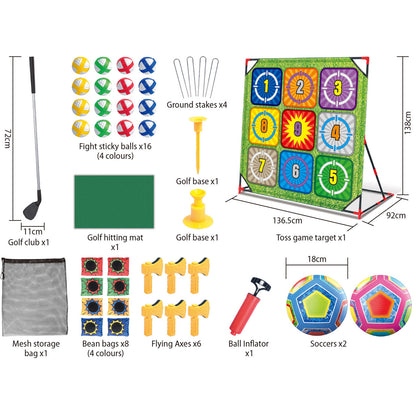5 in 1 Soccer Games Set Carnival Games Battle Golf & Bean Bag Toss and Axe Throwing Target Outdoor Games for Party,Camping Gear