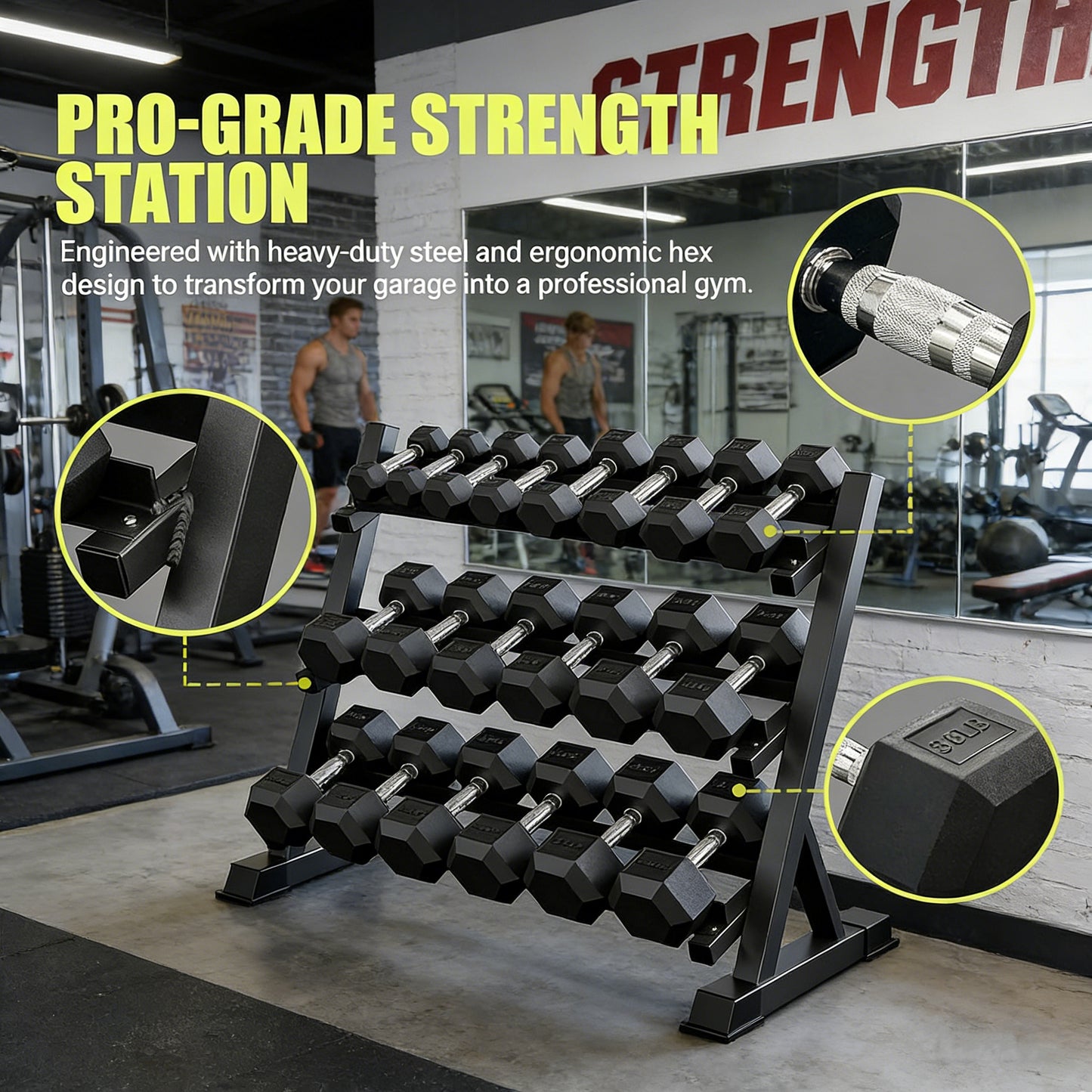 ZC FLYYD™ 450lb Rubber Hex Dumbbell Set with 3-Tier Rack