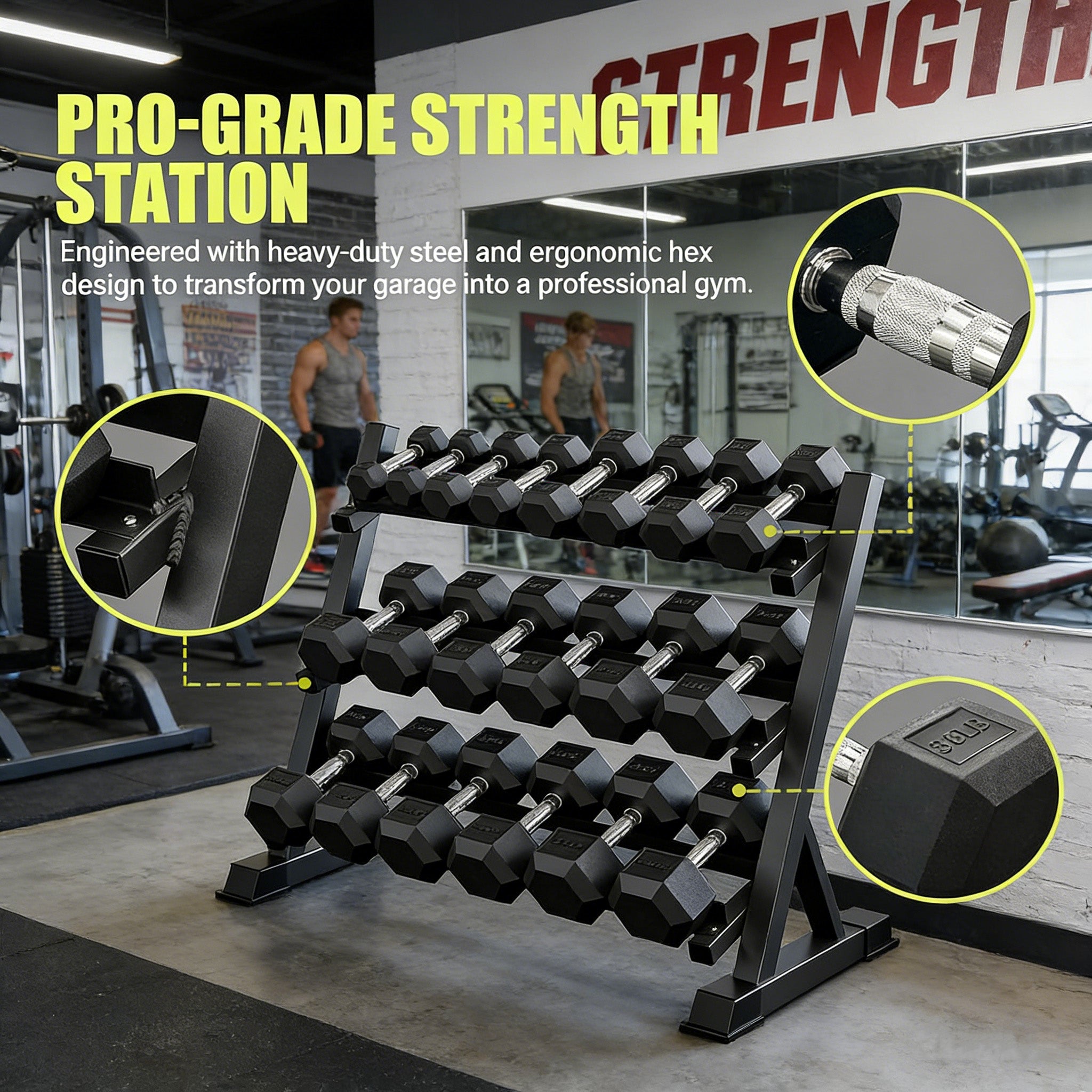 ZC FLYYD™ 450lb Rubber Hex Dumbbell Set with 3-Tier Rack