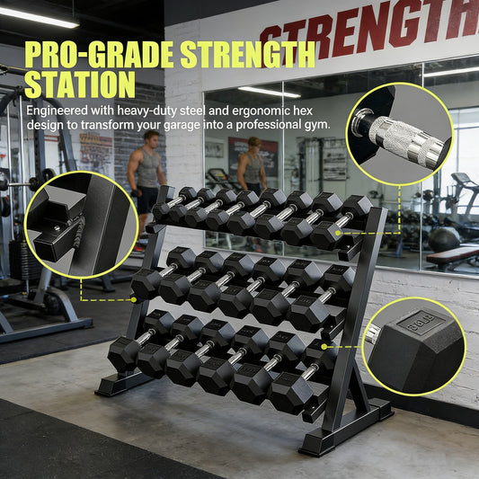 ZC FLYYD™ 450lb Rubber Hex Dumbbell Set with 3-Tier Rack