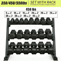 ZC FLYYD™ 450lb Rubber Hex Dumbbell Set with 3-Tier Rack