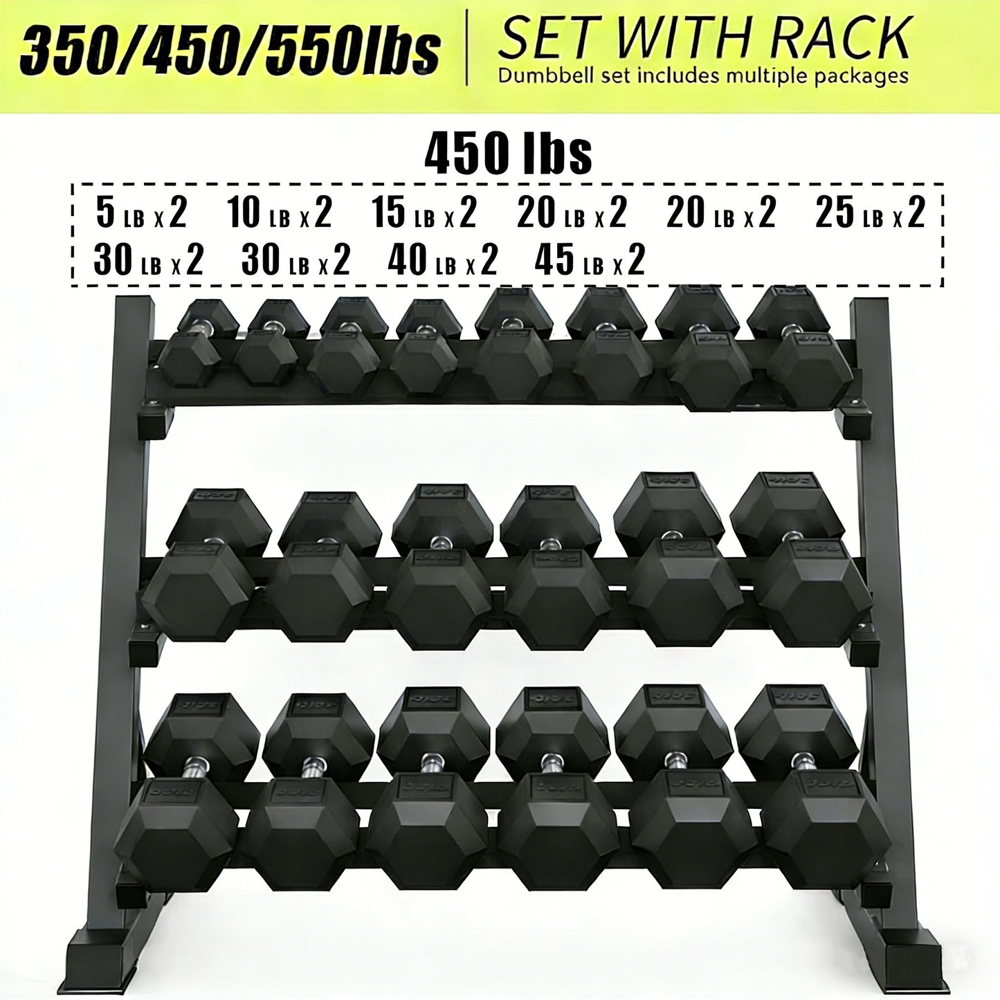 ZC FLYYD™ 450lb Rubber Hex Dumbbell Set with 3-Tier Rack