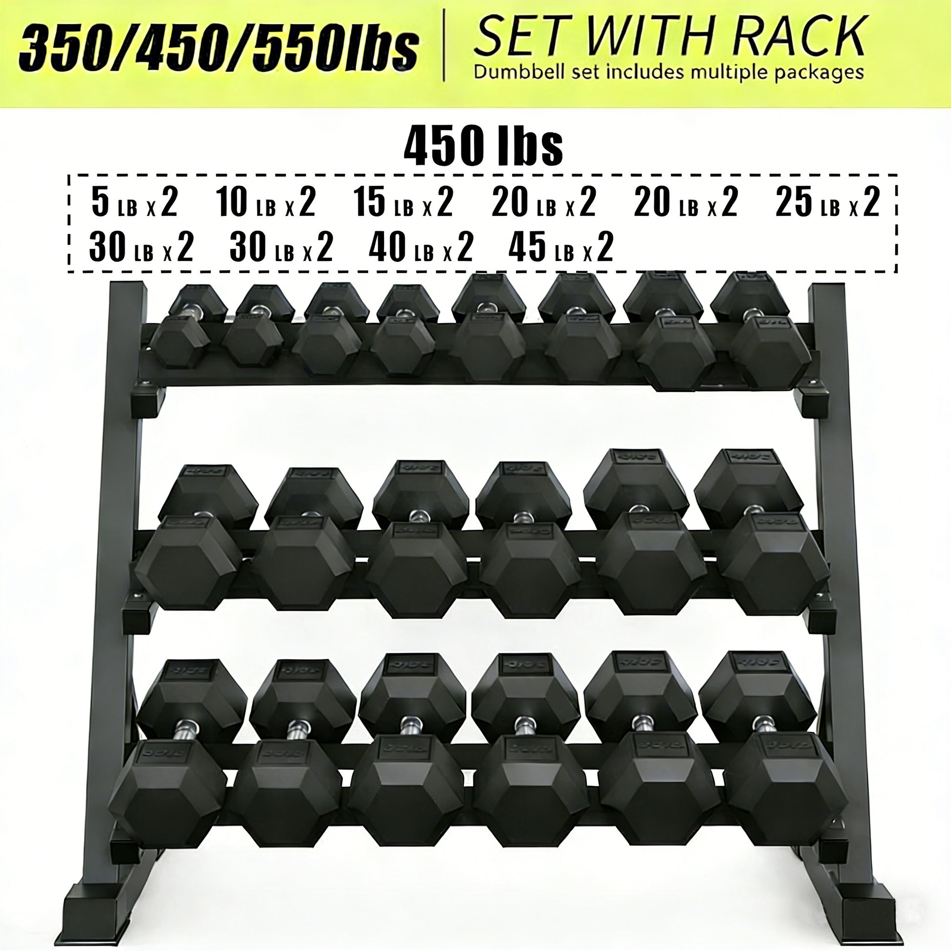 ZC FLYYD™ 450lb Rubber Hex Dumbbell Set with 3-Tier Rack