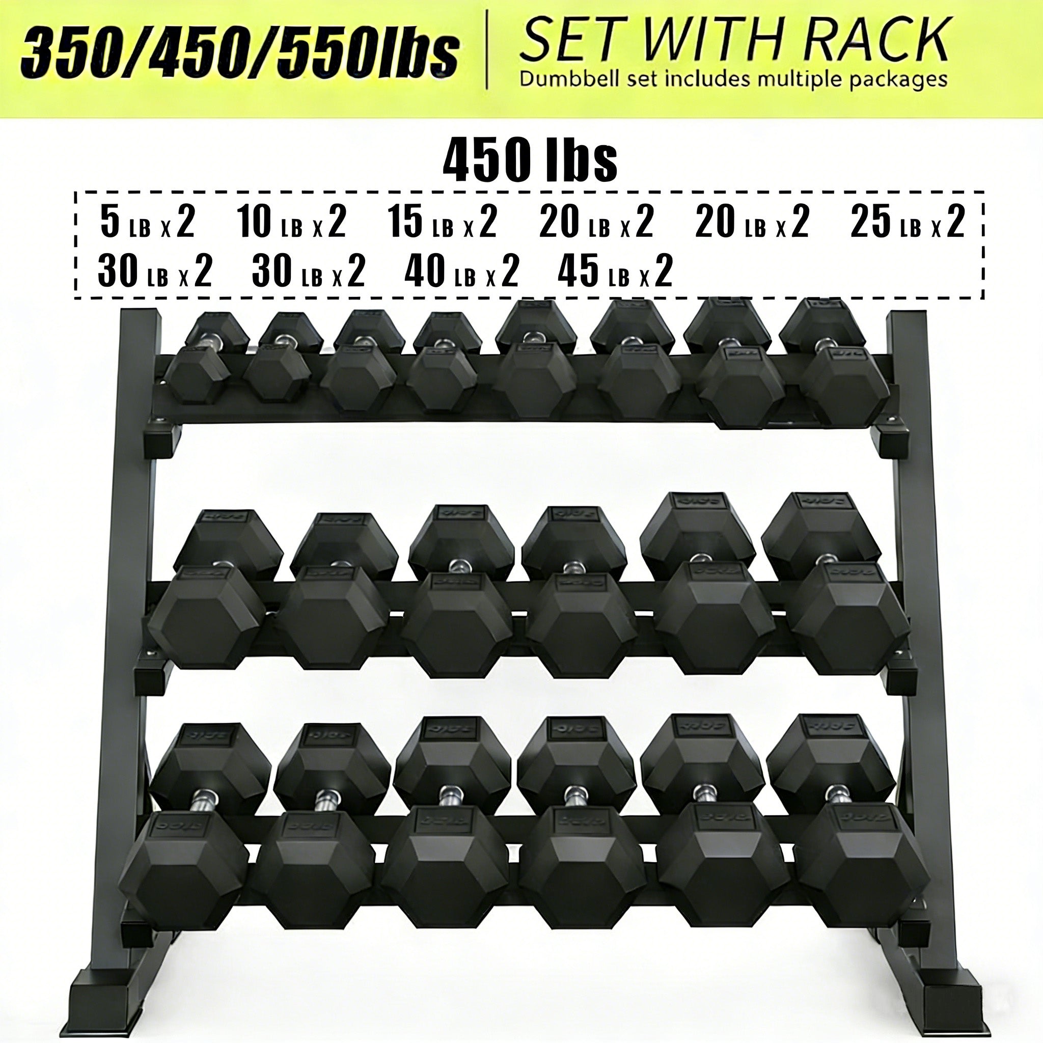 ZC FLYYD™ 450lb Rubber Hex Dumbbell Set with 3-Tier Rack