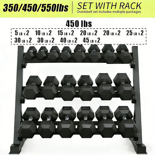 ZC FLYYD™ 450lb Rubber Hex Dumbbell Set with 3-Tier Rack