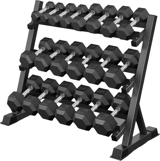 ZC FLYYD™ 450lb Rubber Hex Dumbbell Set with 3-Tier Rack