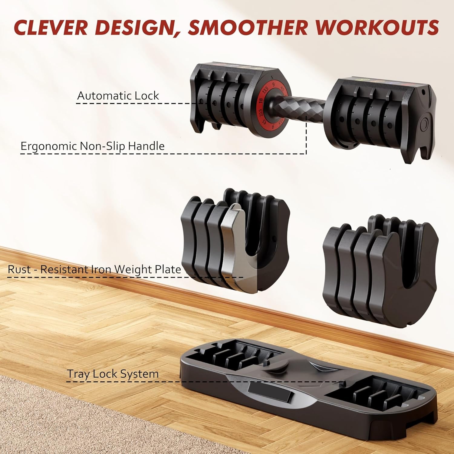 ZC FLYYD 5-in-1 Adjustable Dumbbell Set (Pair, 22.5 lbs Each) | 1-Sec Quick Adjust Free Weights with Storage Tray