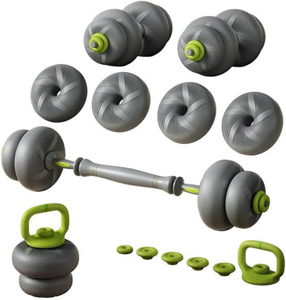 5 in 1 Adjustable Dumbbell Set, Dumbbell/Barbell/Kettlebell/Medicine Ball, Weight Plates All-in-One Strength Training Kit for Home, Soft Rubber Coated Adjustable Workout Equipment - 44lbs