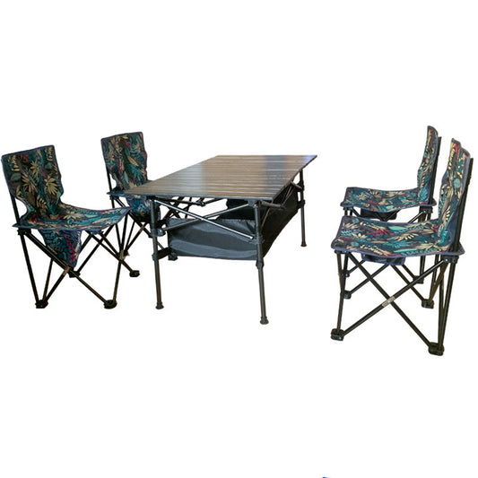 Foldable Portable Camping Table with 4 Folding Camping Chairs, Storage Net, Carrying Bag/Aluminum Beach Table for Sand, Picnic Table - 37in Length， 20in-28in Adjustable Height