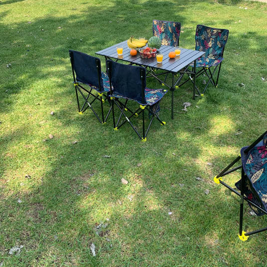 Foldable Portable Camping Table with 4 Folding Camping Chairs, Storage Net, Carrying Bag/Aluminum Beach Table for Sand, Picnic Table - 37in Length， 20in-28in Adjustable Height