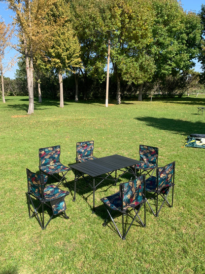 Foldable Portable Camping Table with 4 Folding Camping Chairs, Storage Net, Carrying Bag/Aluminum Beach Table for Sand, Picnic Table - 37in Length， 20in-28in Adjustable Height