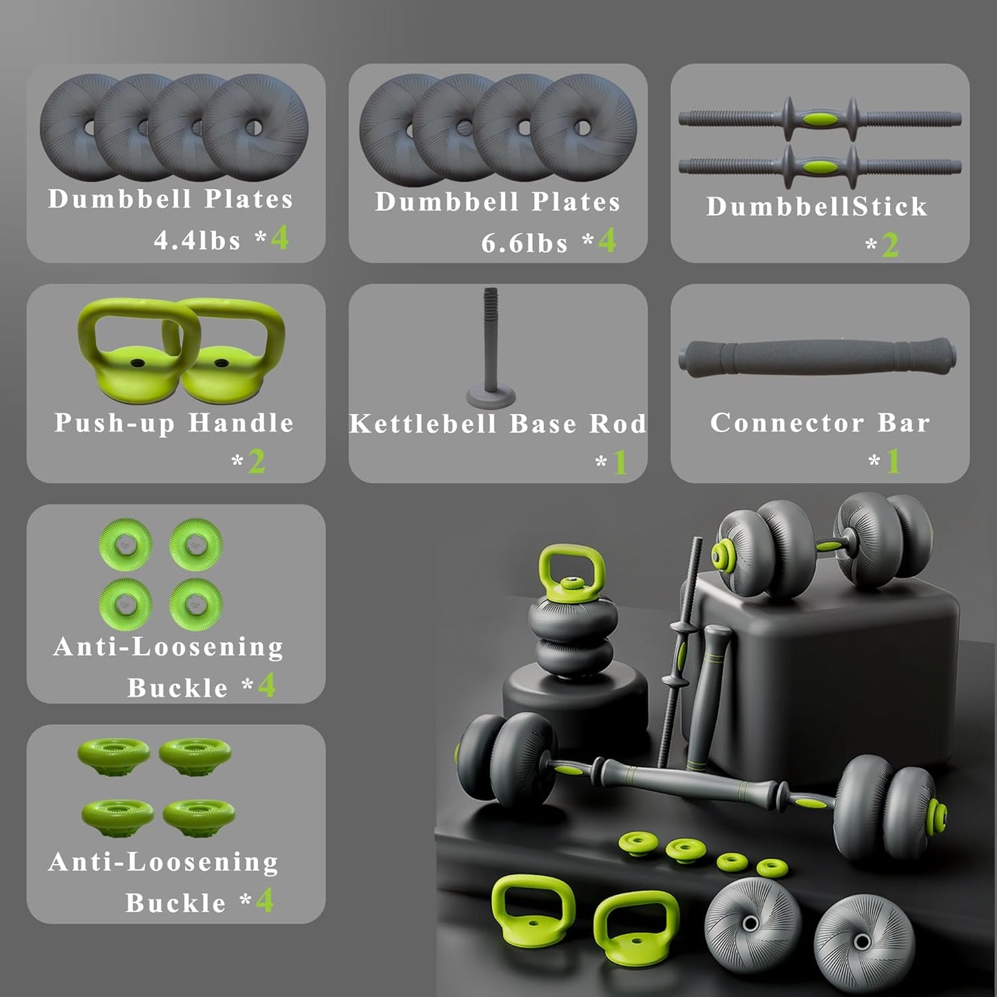 5 in 1 Adjustable Dumbbell Set, Dumbbell/Barbell/Kettlebell/Medicine Ball, Weight Plates All-in-One Strength Training Kit for Home, Soft Rubber Coated Adjustable Workout Equipment - 44lbs