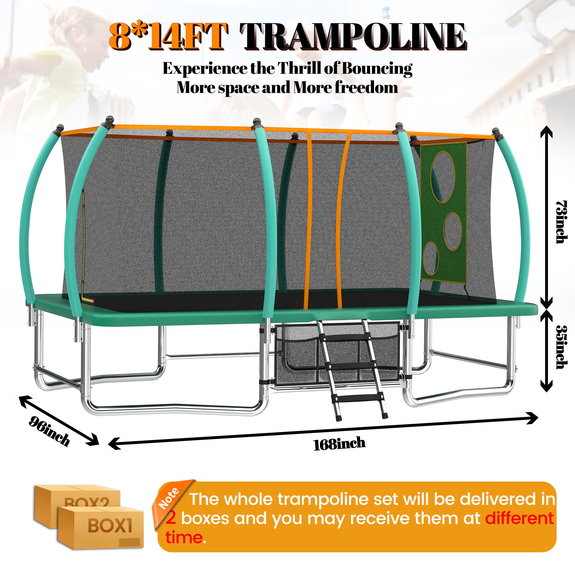 ZC FLYYD 8x14ft green rectangular outdoor tumbling trampoline for gymnastics and family backyard